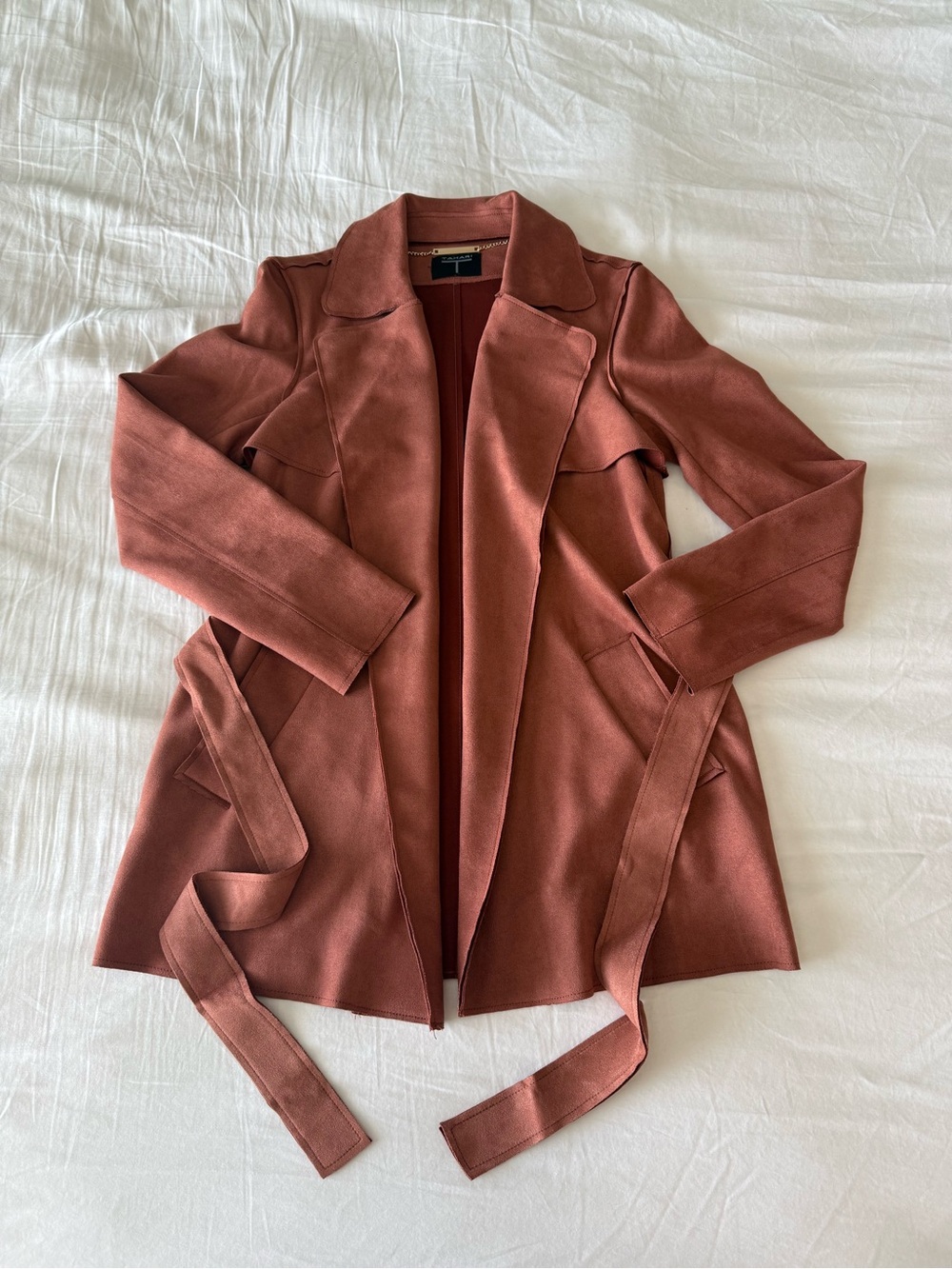 Rust Orange Faux Suede Belted Trench Coat